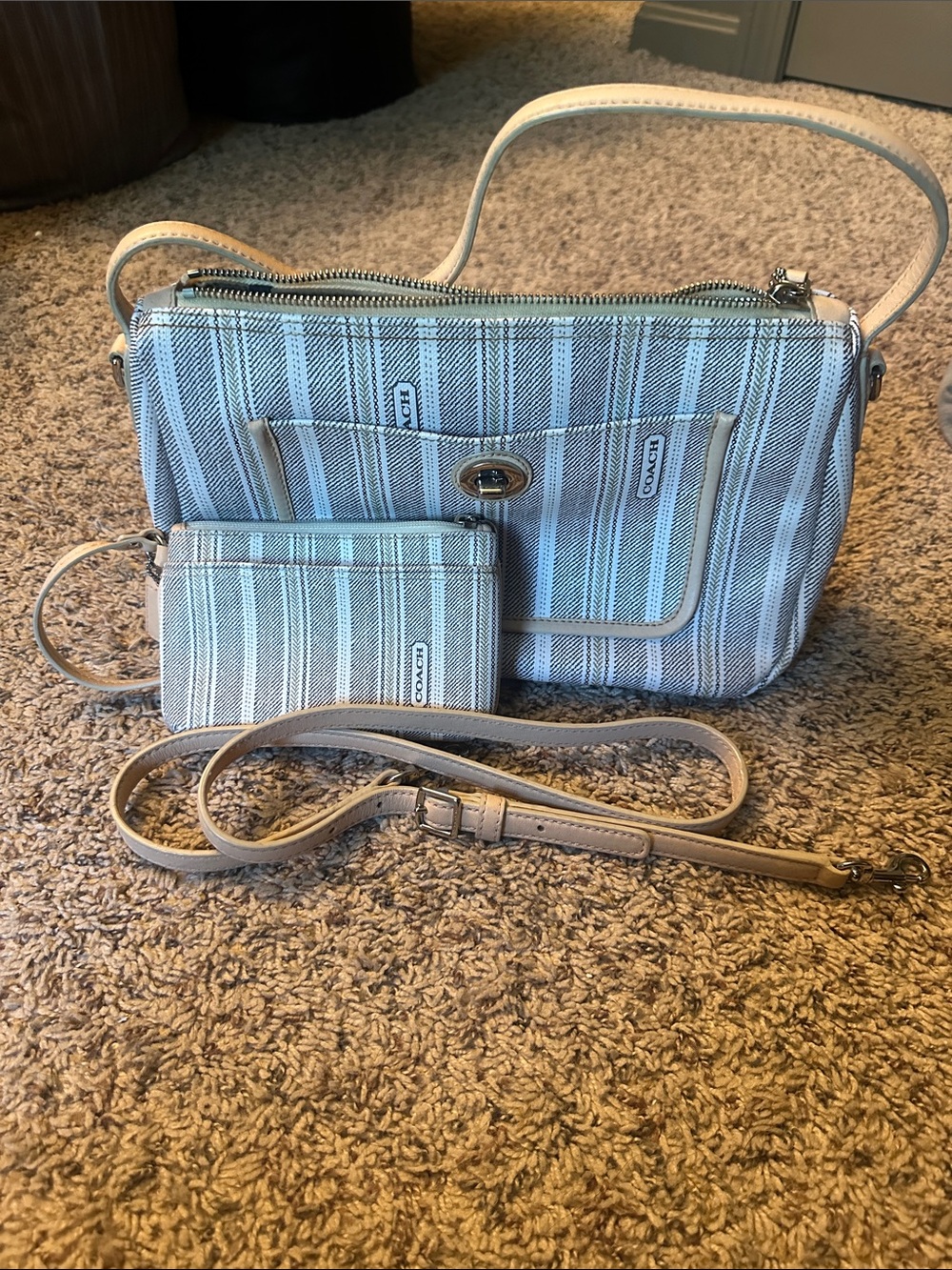 Coach Light Grey, Green and Cream Striped Crossbody with mini bag/wallet